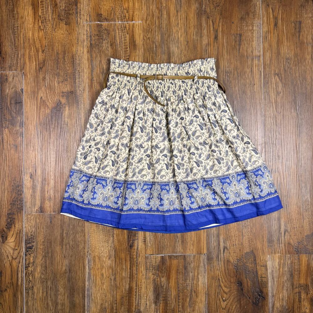 Zara Basic SMALL cotton silk boho floral paisley belted smocked A-line shirt